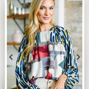 Entro Bring Me Back Abstract Print Bubble Sleeve Blouse
